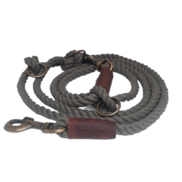Twisted cotton adjustable dog leash in olive green, mocha, forest green, rusty red, and midnight blue colors. Features a sturdy rope design with metal hardware for durability and adjustability.