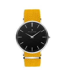Sleek black watch with a yellow woven strap, featuring a minimalist design and classic analog display.
