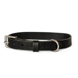 Black leather dog collar with metal hardware. Durable and adjustable for small, medium, and large dogs.
