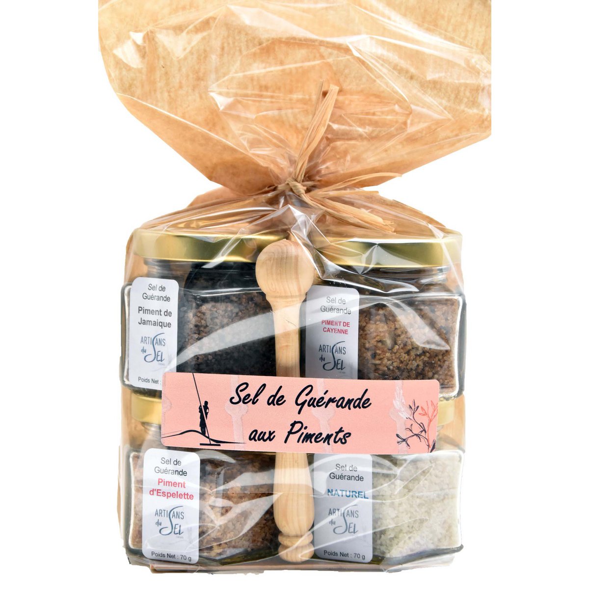 Lot of Guérande salt flavored with peppers + boxwood shovel - 4*70g | Salt craftsmen