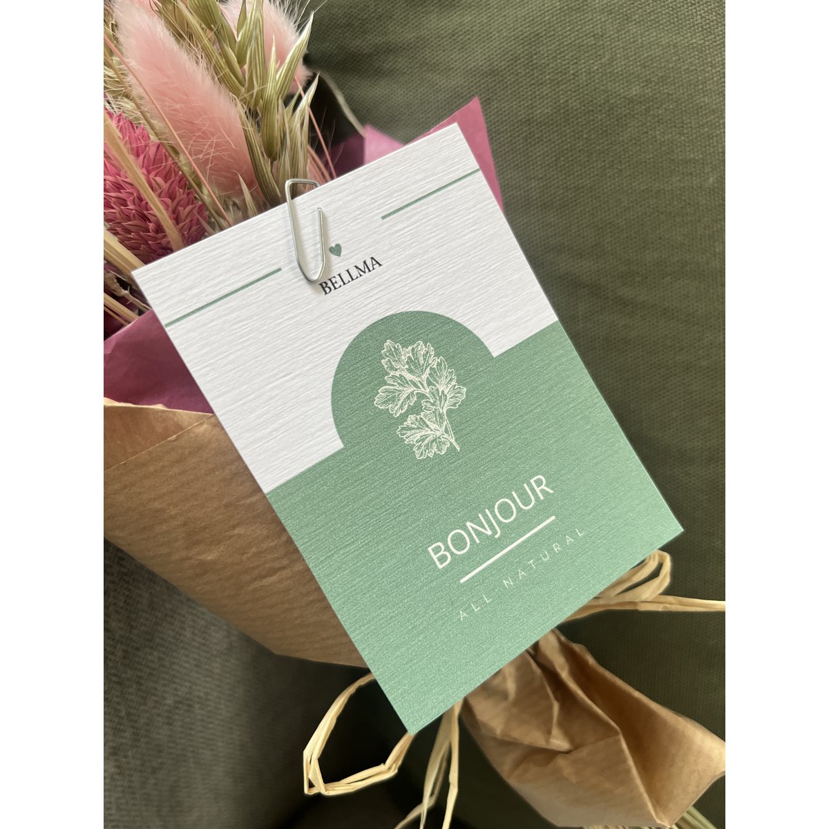 Petit bouquet de fleurs séchées avec carte - Bonjour