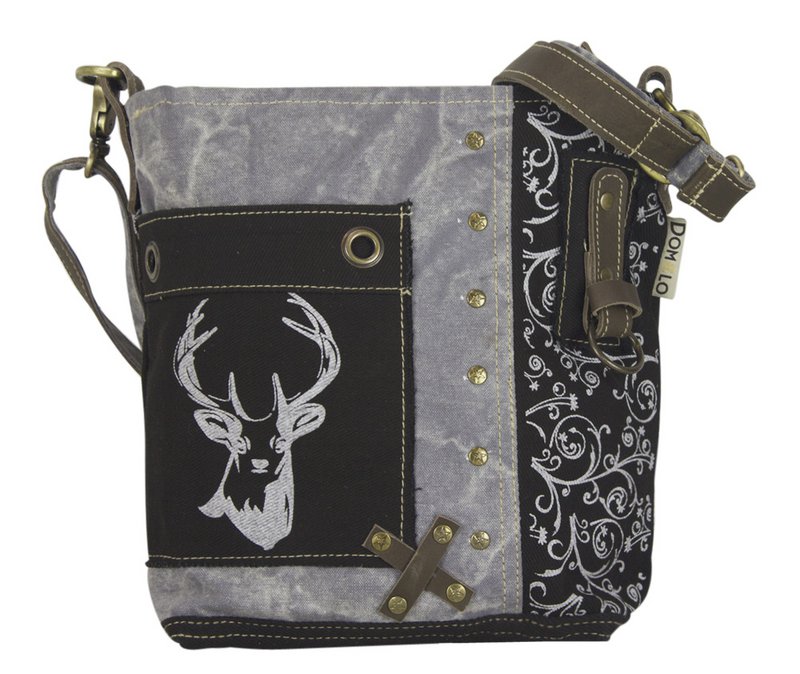 Traditionele tas van Domelo. Dames schoudertas. Dirndl schoudertas gemaakt van canvas en leer. Handtas in traditionele stijl met hertenedelweissprint. Crossbodytas voor dames als Oktoberfest-accessoire.