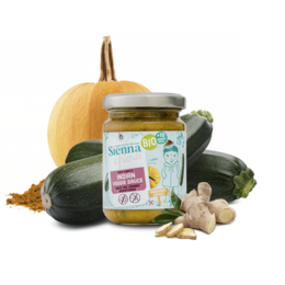 Vegetable sauce for babies, 100% organic, no additives, suitable from 10 months, 130g jar.
The image shows a jar of organic vegetable sauce for babies, along with some fresh vegetables like pumpkin, zucchini, and garlic. The sauce appears to be a natural, healthy option for feeding babies from 10 months old, with no artificial additives. The description highlights the key features of the product, including that it is 100% organic and free from any additives.