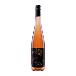 Rosé wine bottle, black label, tall glass bottle, pink-orange liquid, elegant wine packaging, non-alcoholic beverage