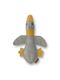 A gray and yellow plush dog toy in the shape of a duck. The toy has a soft, fuzzy texture and appears to be made of high-quality materials.