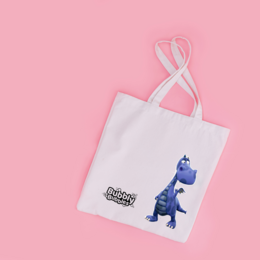 White tote bag with a blue dinosaur graphic and the text "Bubbly Bubbles" printed on it. The bag has white handles and is suitable for kids.