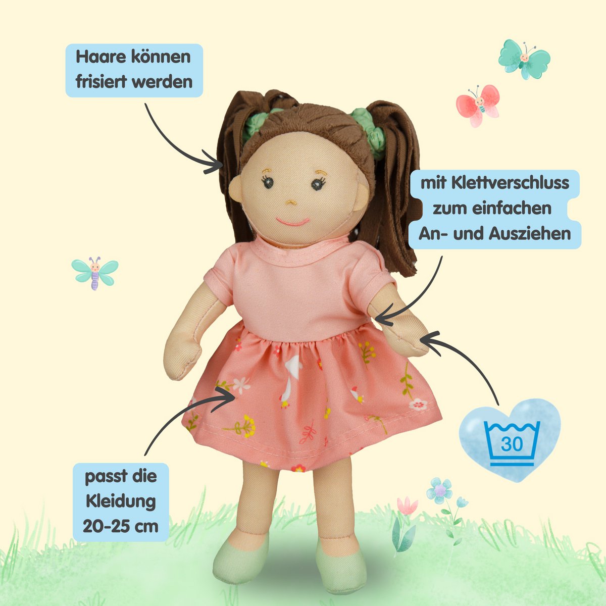 Bambola in tessuto "rosa" con vestito per indossare e estrarre, 22 cm