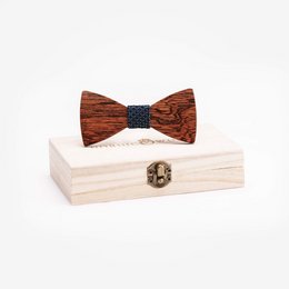 Dark Eleagnus wooden bow tie with black fabric accent, presented in a wooden box.