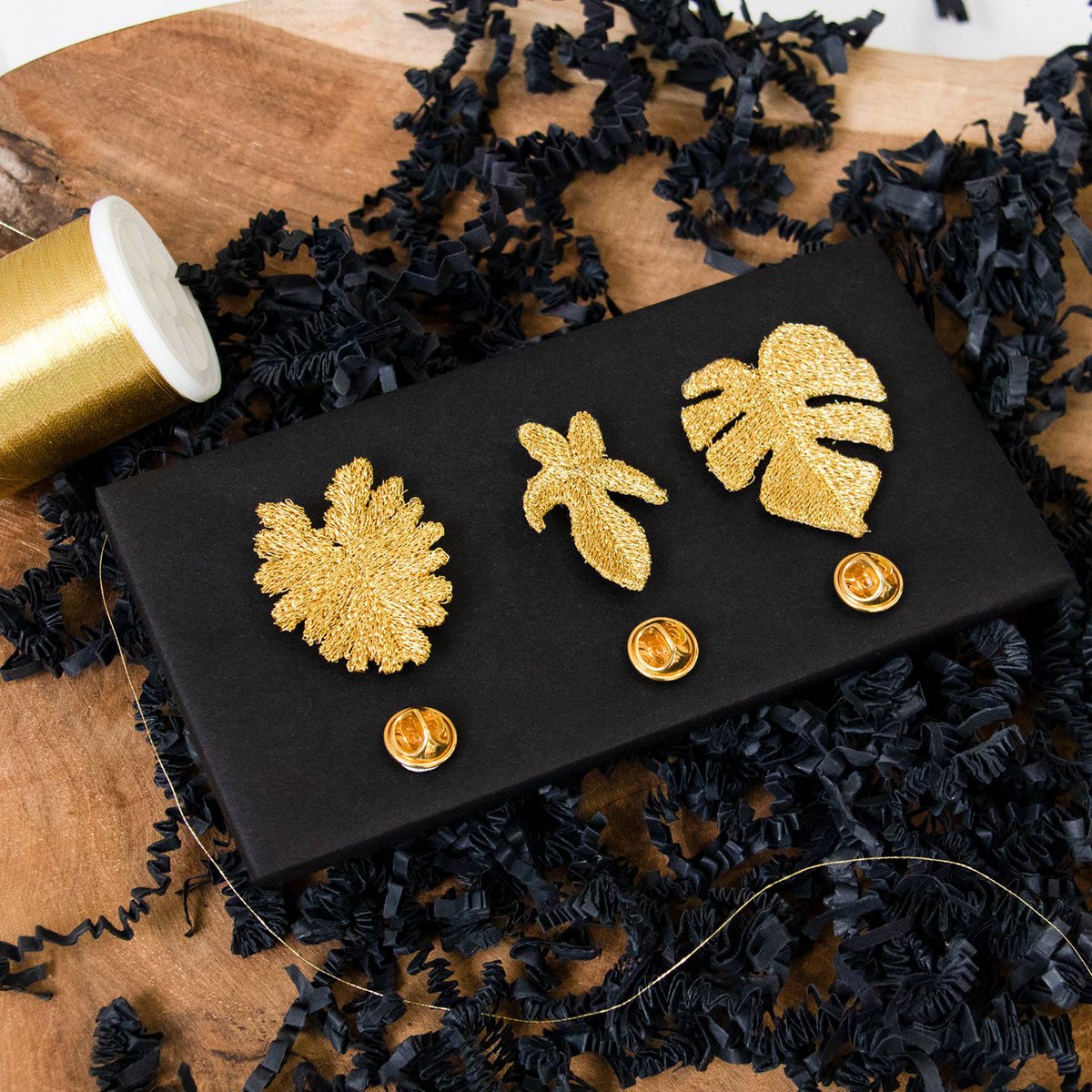 Golden Embroidered Brooches - 3 tropical leaves (Aroids)