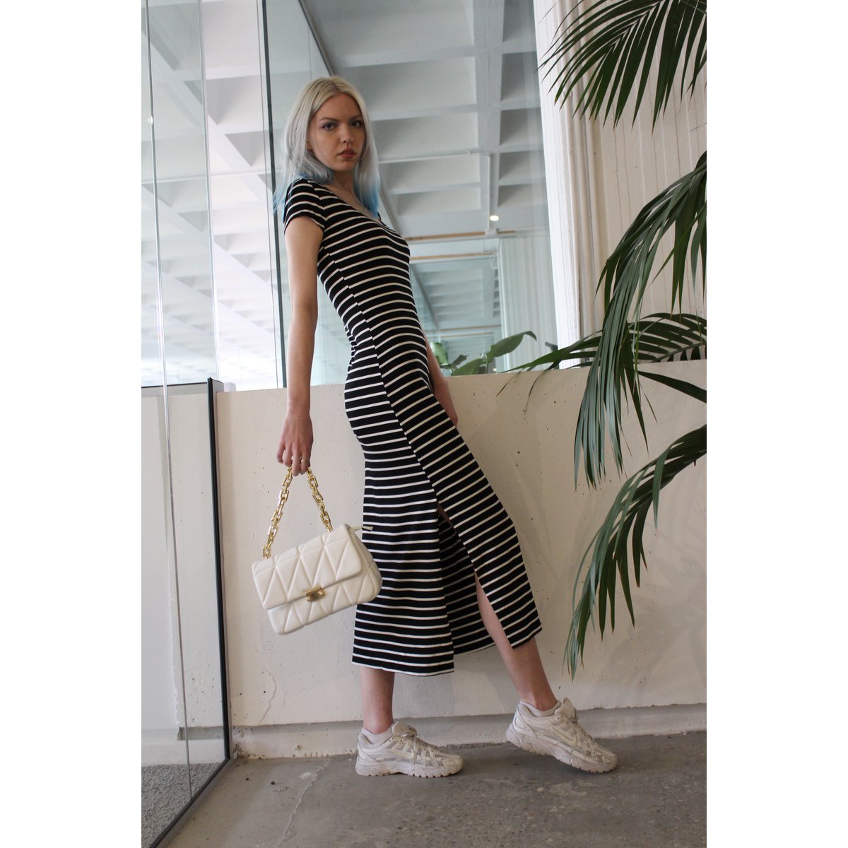 Dress in black and white striped cotton