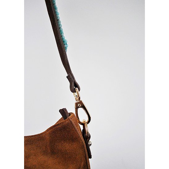 BOHO IBIZA BAG - Tracolla acquamarina (70cm) + Borsa in pelle scamosciata (Cognac)