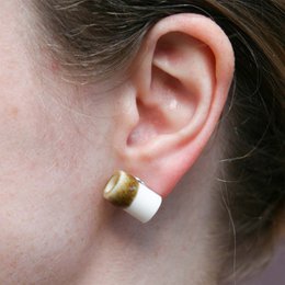  Porcelain ear studs in blue, green, ochre, and pink colors. Cylindrical tube-shaped stud earrings.