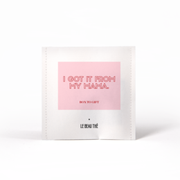 Personalized tea bags with a pink and white design featuring the text "I don't fit in your box, I'm a unicorn." The tea bags are packaged in a simple white box.