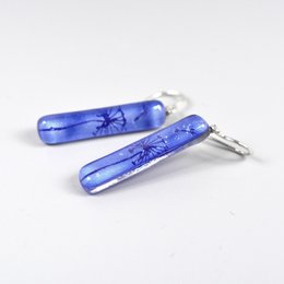 Orecchini dente di leone blu, barra lunga, vetro riciclato e argento sterling