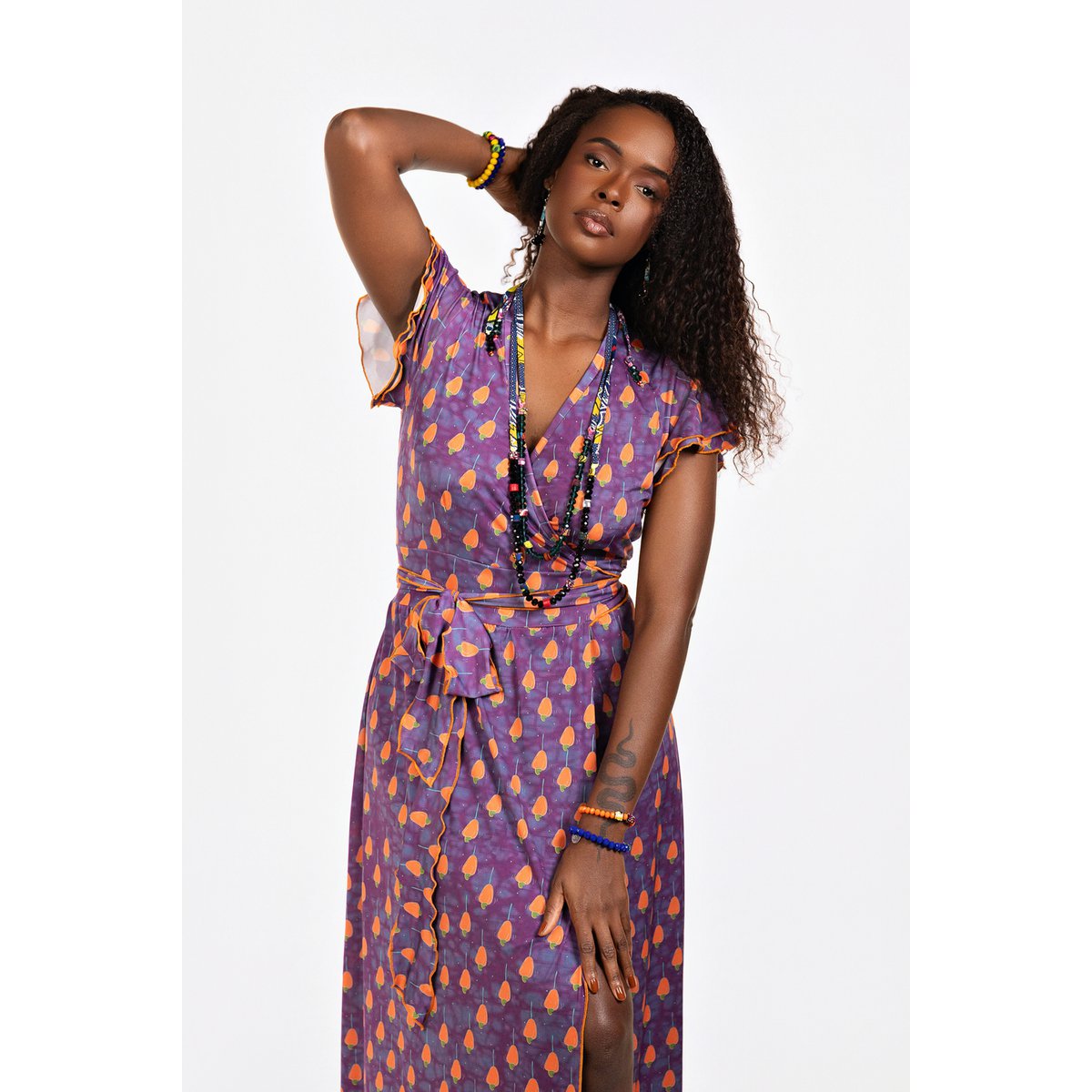 Robe portefeuille Oxum manches volantes imprimé Caju Mûr