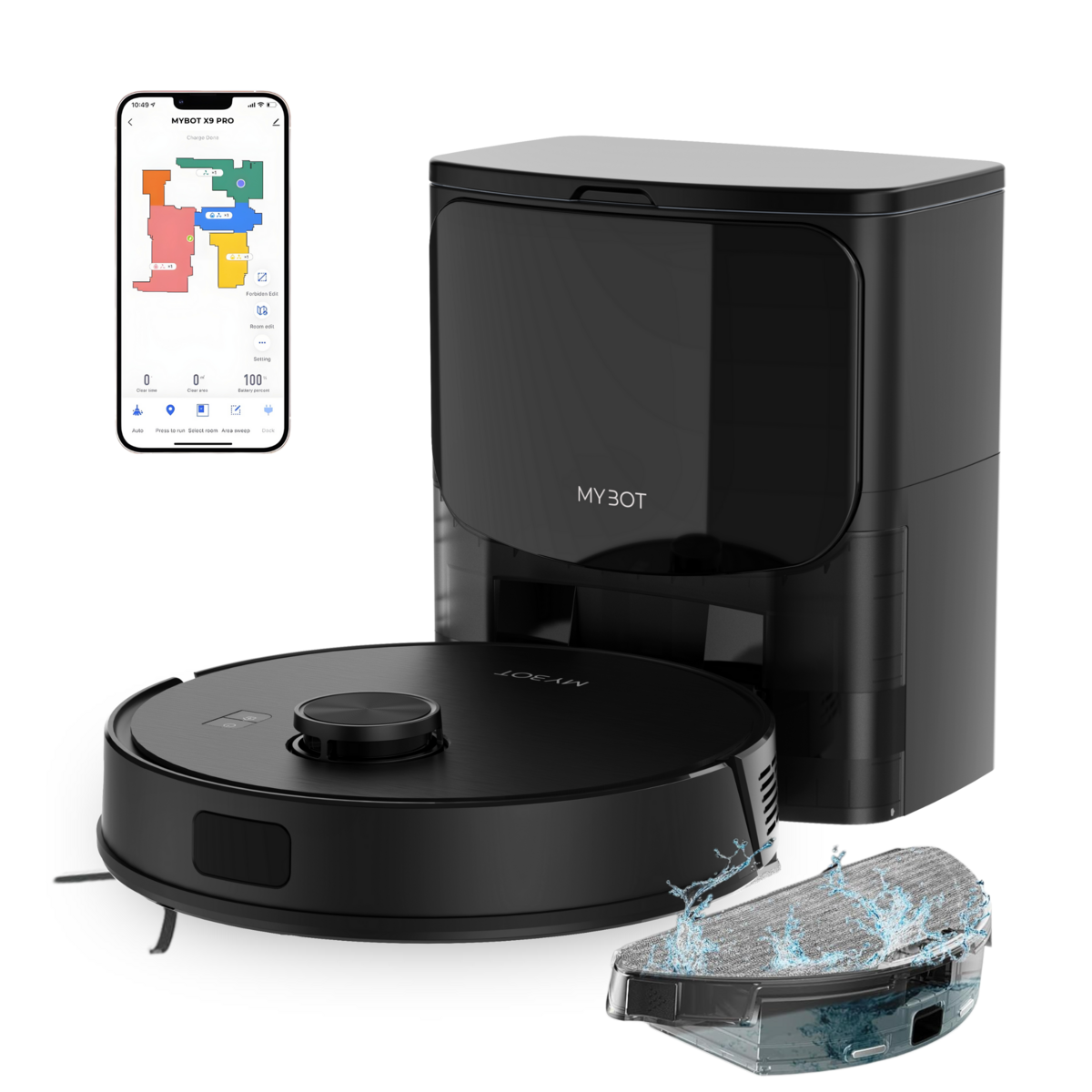 MYBOT X9 PRO - Robot Aspirateur - Avec Station de Vidange Auto - Aspiration 6500PA - Avec fonction nettoyage - Batterie 3200mAh