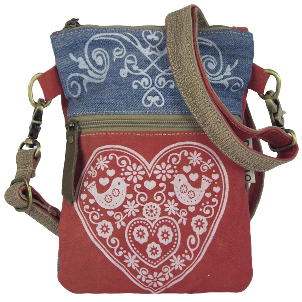 Domelo traditionele tas dames schoudertas. Dirndl schoudertas gemaakt van upcycled jeans en canvas en leer. Handtas in traditionele stijl met hartjesprint. Crossbodytas voor dames als Oktoberfest-accessoire.