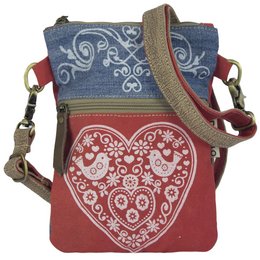 Domelo traditionele tas dames schoudertas. Dirndl schoudertas gemaakt van upcycled jeans en canvas en leer. Handtas in traditionele stijl met hartjesprint. Crossbodytas voor dames als Oktoberfest-accessoire.