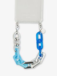 Colorful lanyard with a mix of metal and plastic links in various shades of blue, green, and gold. The lanyard has a sturdy clasp for attaching to keys, badges, or other items.