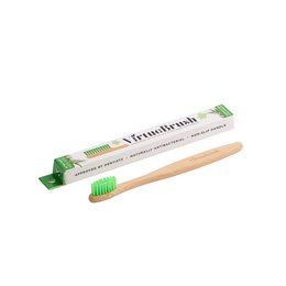 Soft bamboo toothbrush for kids in green, blue, purple, and yellow colors.