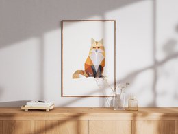  Colorful poster featuring a detailed illustration of a fox. The poster has a modern, minimalist design with a gold frame. Suitable for decorating a child's room or nursery.