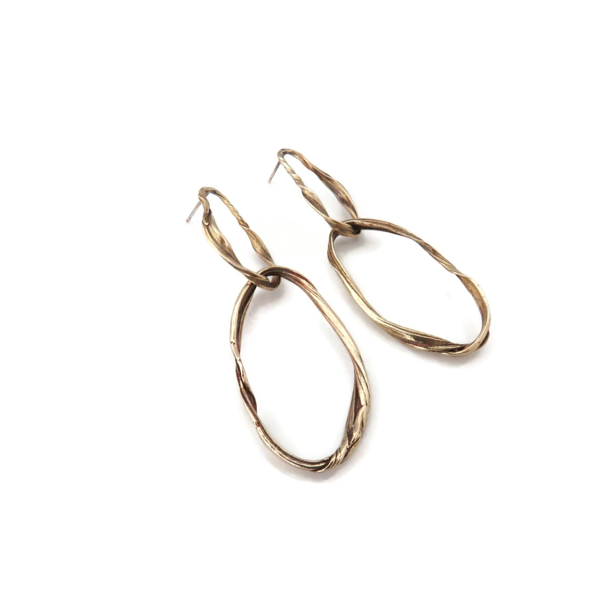 Lange patinierte Bronze -Ohrringe, Statement Schmuck