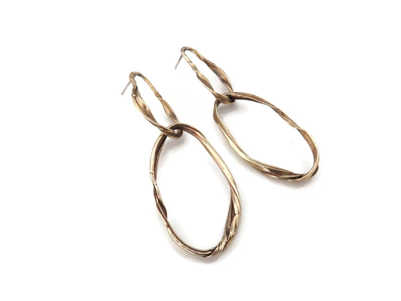 Long Patinated Bronze Dangle Earrings, Statement Jewelry