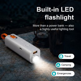 Power Bank portátil PB-008 de 5000 mAh - Blanco con cable incorporado y linterna LED