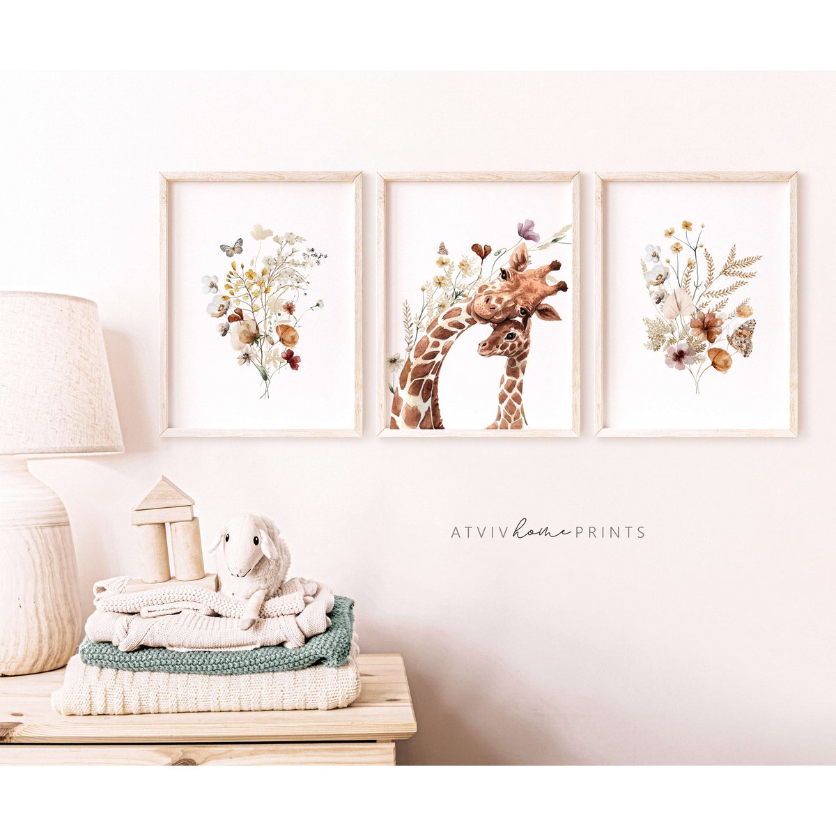 Giraffe kinderkamer poster, giraffe poster, bloemenkwekerij print, moeder en baby giraffe poster, kinderkamer giraffe print, wilde bloemen print, meisjes kinderkamer poster, meisjes kamer decoratie