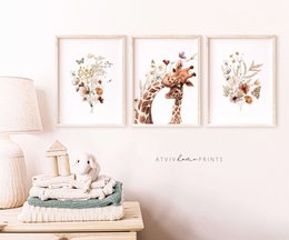 Giraffe nursery poster, giraffe poster, floral nursery print, mother and baby giraffe poster, nursery giraffe print, wildflowers print, girls nursery poster, girls room decoration