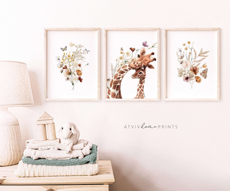 Giraffen-Kinderzimmer-Poster, Giraffen-Poster, Blumen-Kinderzimmer-Druck, Mutter und Baby-Giraffen-Poster, Kinderzimmer-Giraffen-Druck, Wildblumen-Druck, Mädchen-Kinderzimmer-Poster, Mädchenzimmer-Dekoration