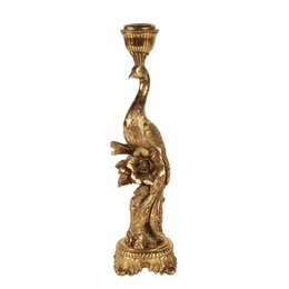 A tall, gold-colored resin candle holder in the shape of a bird. The candle holder features intricate, detailed designs and a cup-shaped top to hold a candle.