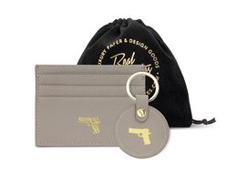 Gray leather card holder and keychain set with "Peng!" text design.
