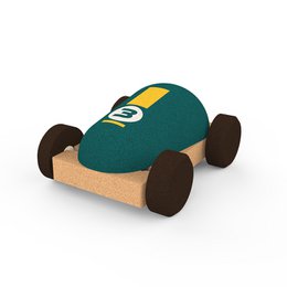  A wooden toy racing car in a green and yellow color scheme. The car has a simple, minimalist design with rounded edges and a wooden body.