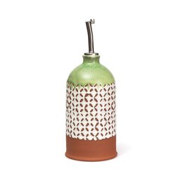 Oil and vinegar dispenser bottle, ceramic with geometric pattern, green and blue variants, terracotta base, pourer spout.