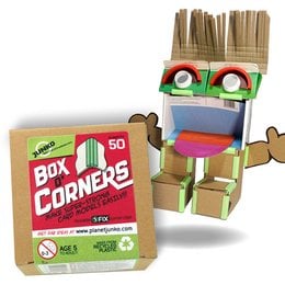 A colorful box of cardboard corners for kids to play with and build structures. The box is labeled "Box o' Corners" and contains various shaped wooden pieces in different colors.