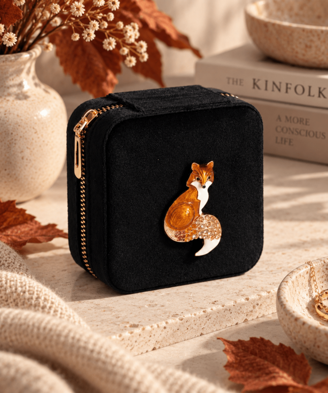 Fox - Velvet Jewelery Box with Jewel Brooch