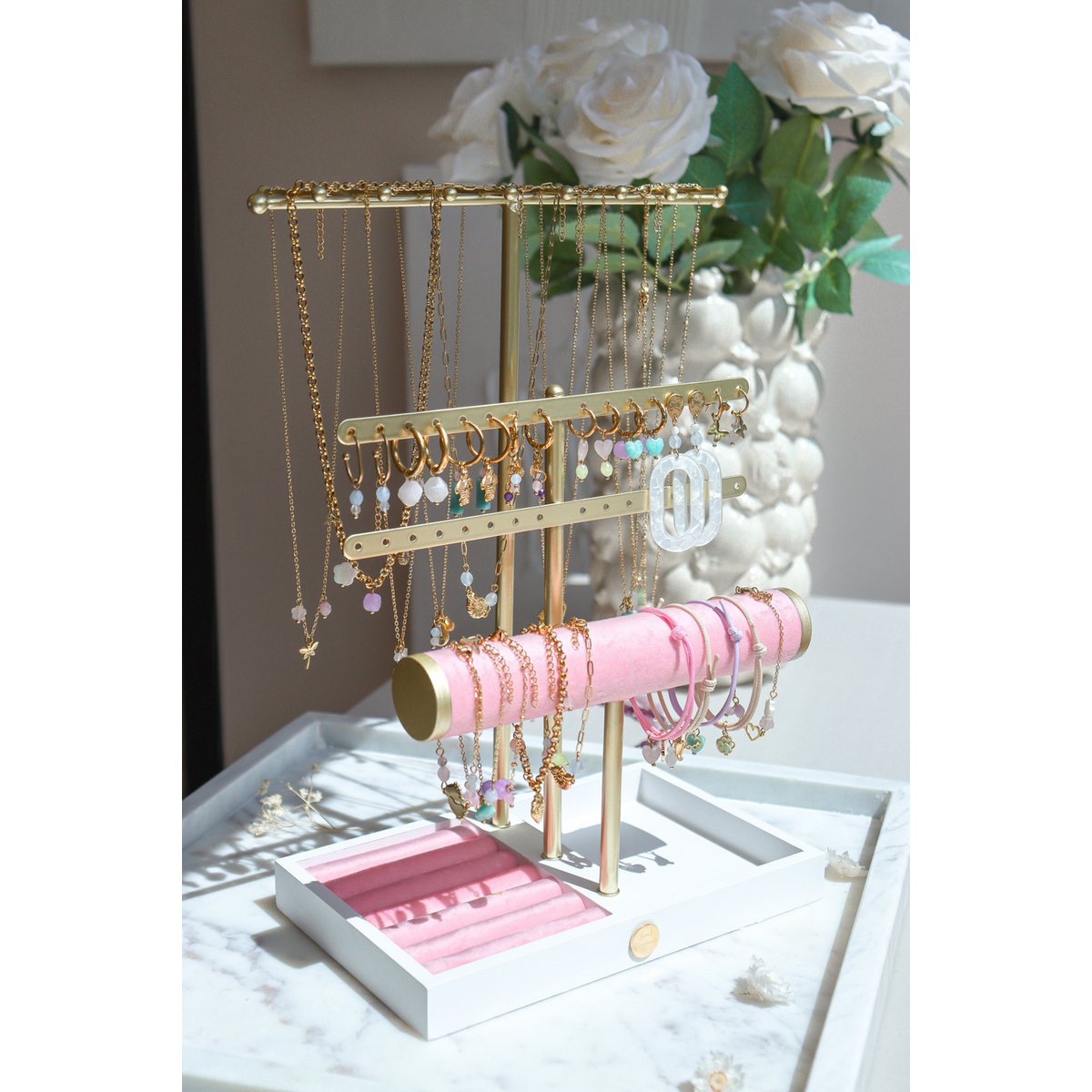 Collar de libélula con flor de cuarzo rosa y kunzita - Oro