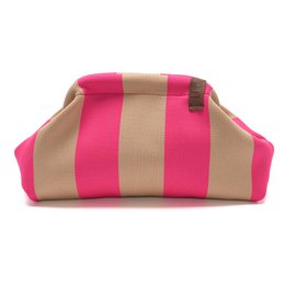  A vibrant, striped clutch in shades of orange and pink. The clutch features a zipper closure and a metal tag with the number "183" printed on it.
