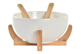 White porcelain salad bowl set with bamboo utensils, 29x29x14 cm in size.