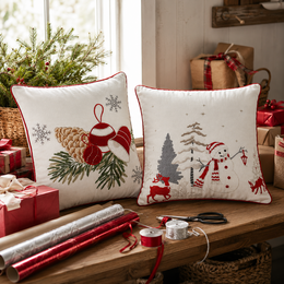 Kerstkussenhoes Duo, Bells & Sneeuwpop+Gratis Vulling