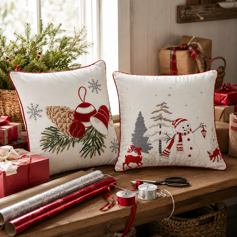 Kerstkussenhoes Duo, Bells & Sneeuwpop+Gratis Vulling