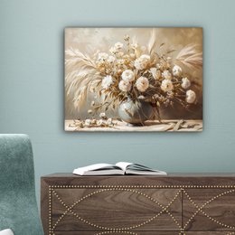 Lærredsmaleri - vægdekoration - blomster - lyserød - moderne - beige