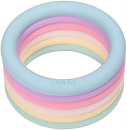 Pastel colored stacking rings in pink, blue, yellow, purple, white, and cream. Soft rubber rings for sensory play.