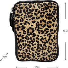 Lædertelefonpose Ladies Black With Tiger Print - Stilfuld taske lavet af ægte læder med justerbar skulderrem, ideel til at bære din telefon.