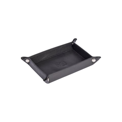 K0052AB | Rectangular pocket tray in genuine full-grain leather, with light grain. Black colour. Closure with snap buttons in shiny silver finish. Dimensions (when closed): 17 x 11 x 3 cm