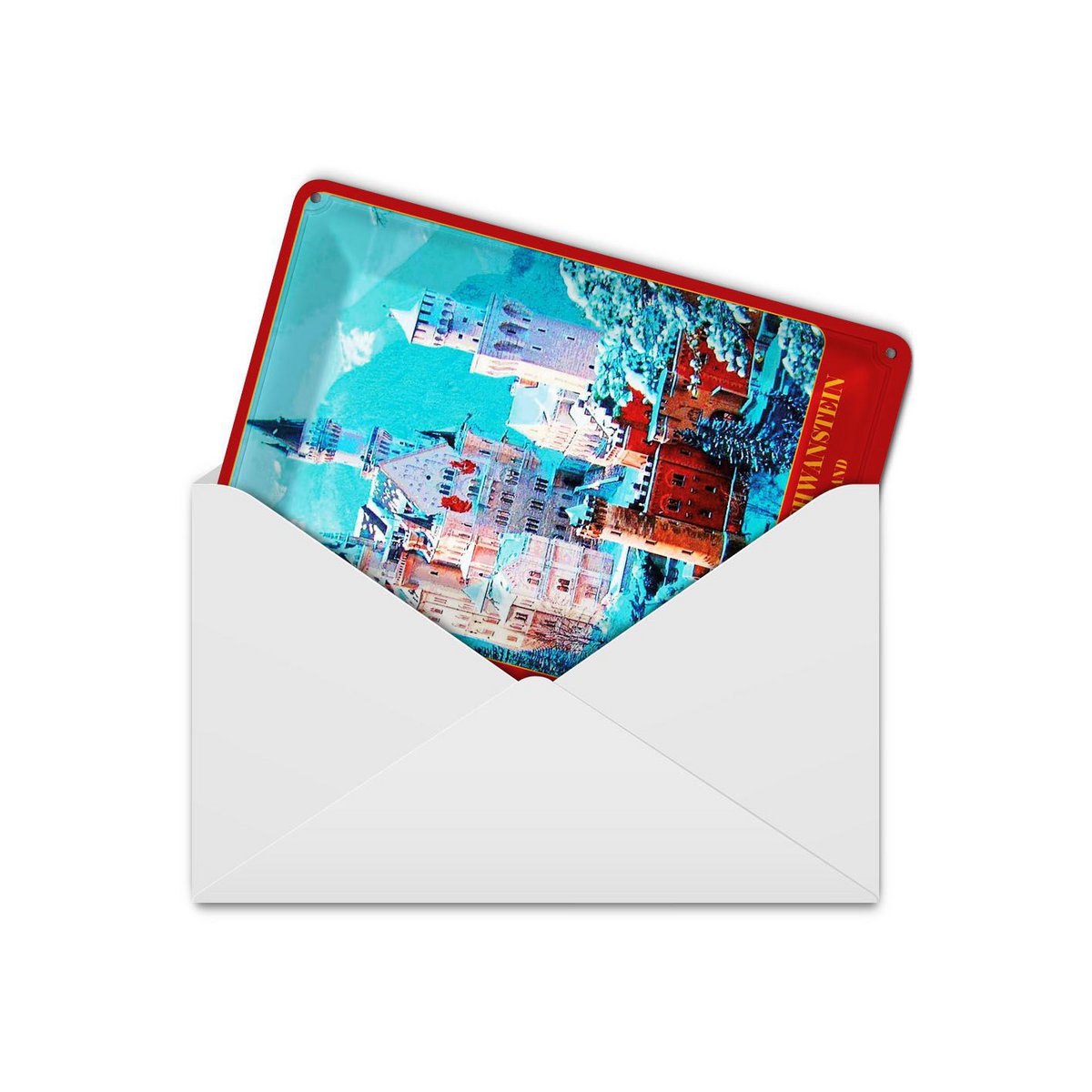 Tin postcard travel 10x14 cm Neuschwanstein Castle Bavaria Germany sign