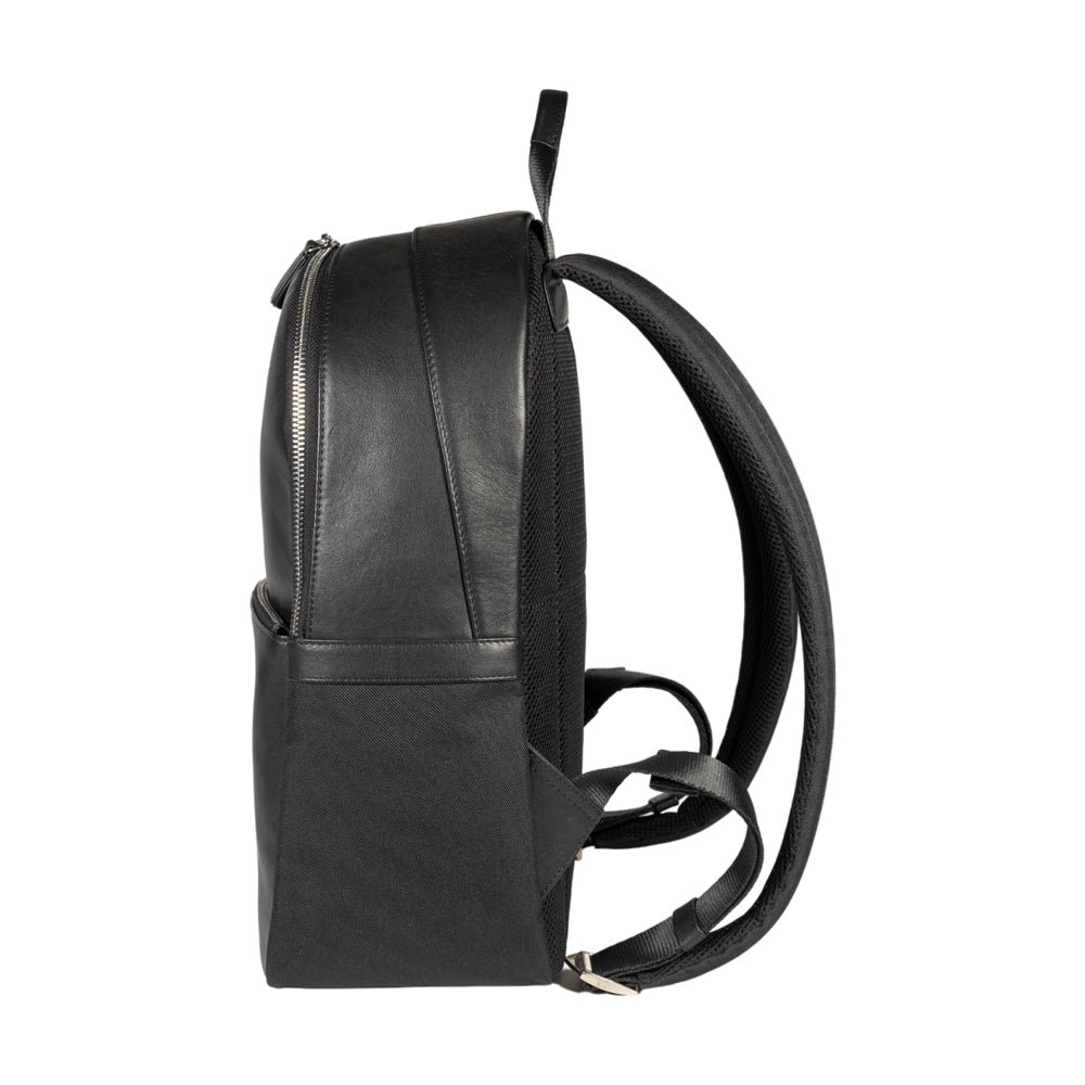 RB2001A | Netbook-/tabletrugzak van nylon/echt leer, met lichte nerf. Ritssluiting en verstelbare schouderbanden - Zwarte kleur - Afmetingen: 27 x 38 x 14 cm Verpakking: Tas van niet-geweven stof