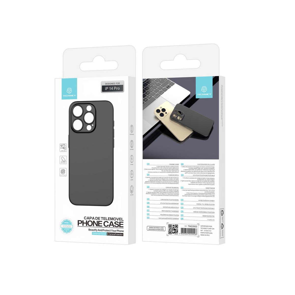 Techancy Capa Para Telemóvel Ultra Fina Preta KX5604, Compatível Com O Telemóvel Iphone 14 Pro, Material Pp De 0,5 Mm.