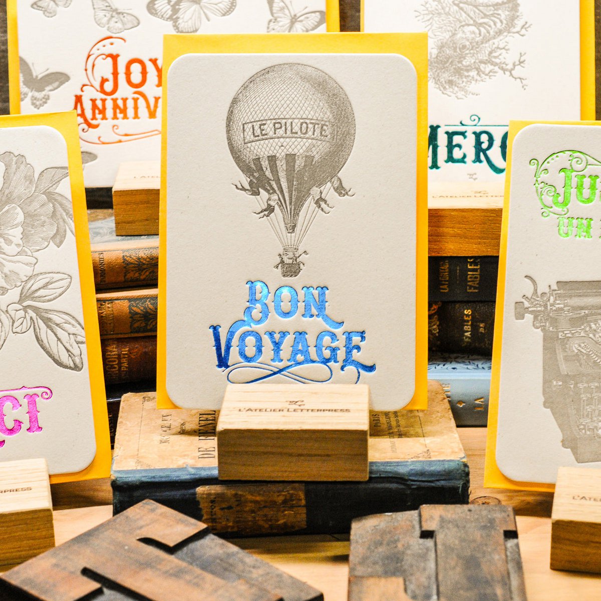 Hot Air Balloon Letterpress Card, blue (with envelope)